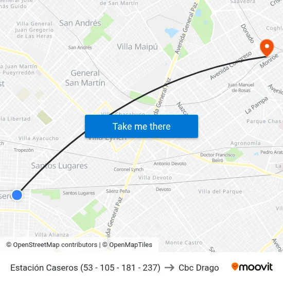 Estación Caseros (53 - 105 - 181 - 237) to Cbc Drago map