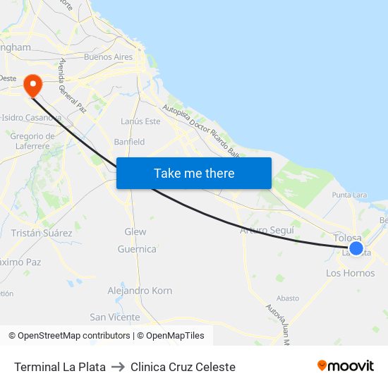 Terminal La Plata to Clinica Cruz Celeste map