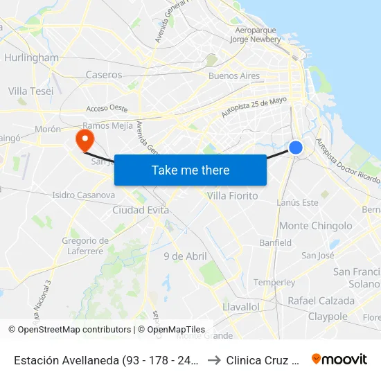 Estación Avellaneda (93 - 178 - 247 - 293 - 570) to Clinica Cruz Celeste map