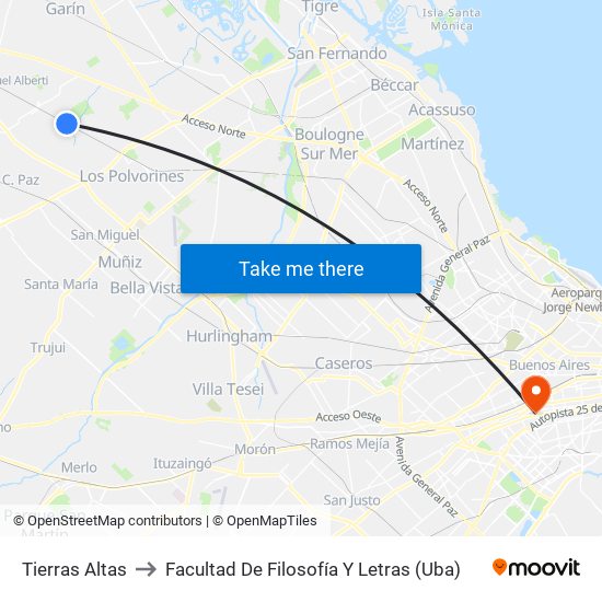 Tierras Altas to Facultad De Filosofía Y Letras (Uba) map