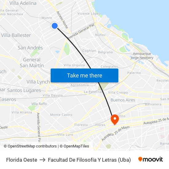 Florida Oeste to Facultad De Filosofía Y Letras (Uba) map