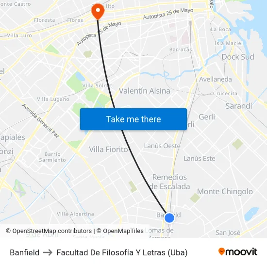 Banfield to Facultad De Filosofía Y Letras (Uba) map