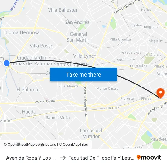 Avenida Roca Y Los Árboles to Facultad De Filosofía Y Letras (Uba) map