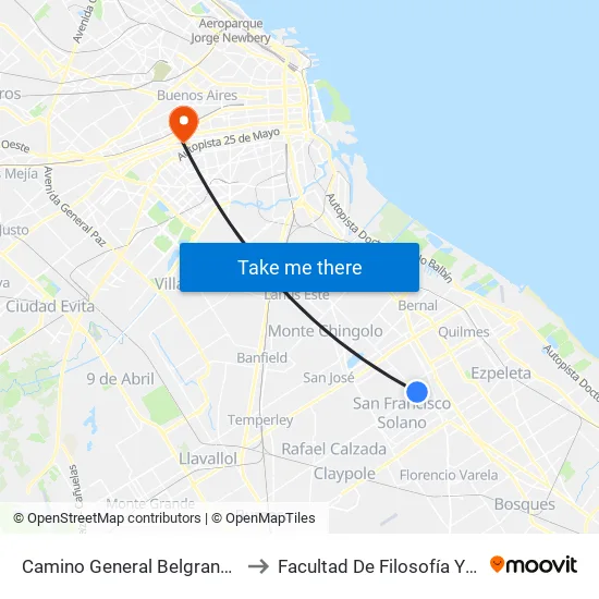 Camino General Belgrano Y Triunvirato to Facultad De Filosofía Y Letras (Uba) map