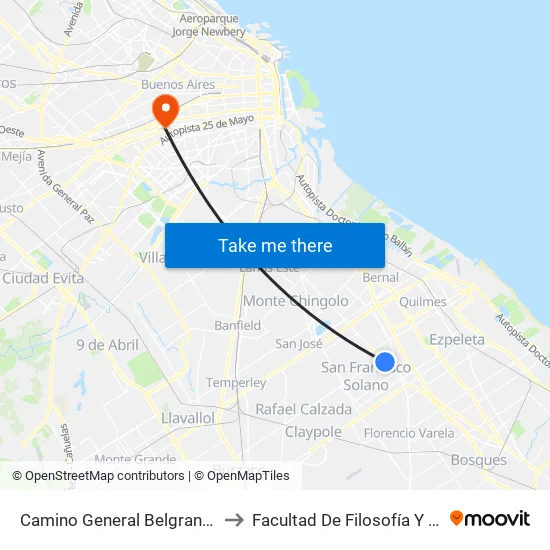 Camino General Belgrano Y Calle 832 to Facultad De Filosofía Y Letras (Uba) map