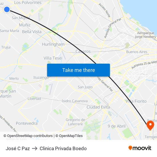 José C Paz to Clinica Privada Boedo map