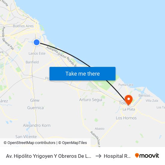 Av. Hipólito Yrigoyen Y Obreros De La Negra to Hospital Rossi map