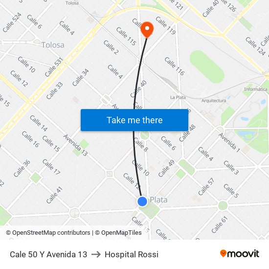 Cale 50 Y Avenida 13 to Hospital Rossi map