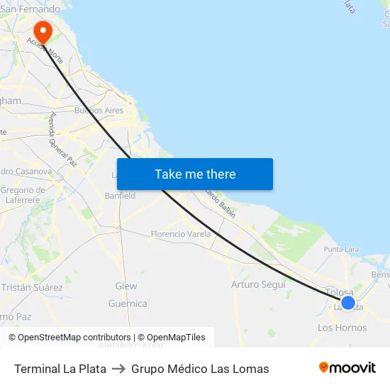 Terminal La Plata to Grupo Médico Las Lomas map