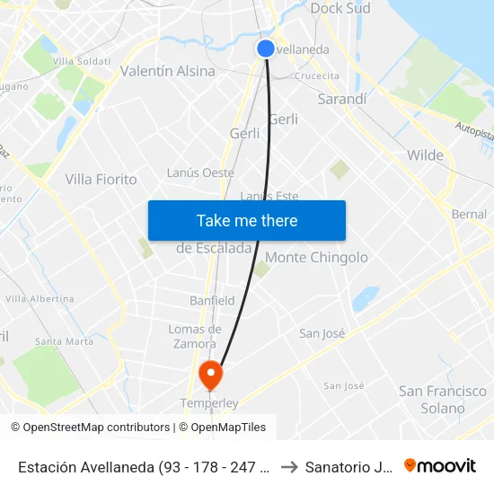 Estación Avellaneda (93 - 178 - 247 - 293 - 570) to Sanatorio Juncal map