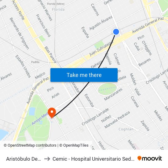 Aristóbulo Del Valle to Cemic - Hospital Universitario Sede Saavedra map