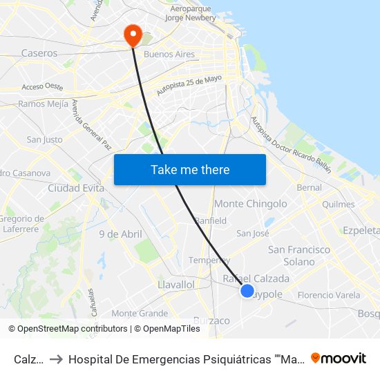 Calzada to Hospital De Emergencias Psiquiátricas ""Marcelo T. De Alvear"" map