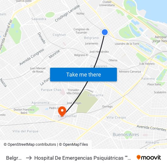 Belgrano C to Hospital De Emergencias Psiquiátricas ""Marcelo T. De Alvear"" map