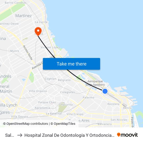 Saldías to Hospital Zonal De Odontología Y Ortodoncia ""Dr. Juan U. Carrea"" map