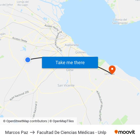Marcos Paz to Facultad De Ciencias Médicas - Unlp map