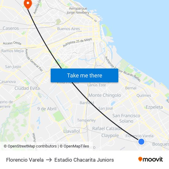 Florencio Varela to Estadio Chacarita Juniors map