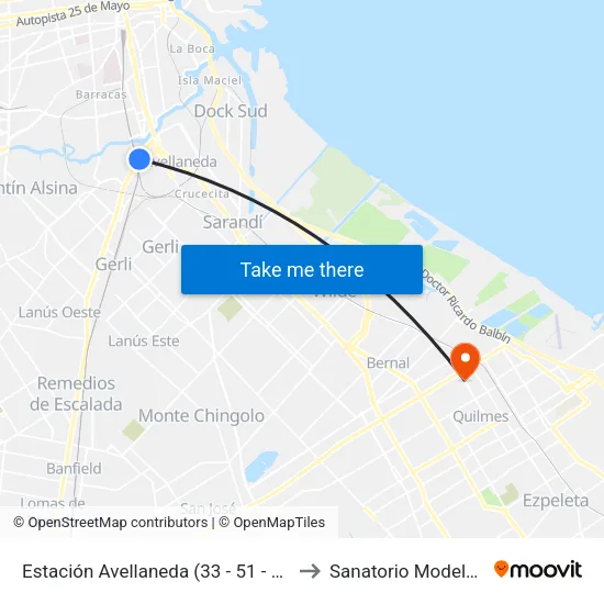 Estación Avellaneda (33 - 51 - 277 - 373 - 421) to Sanatorio Modelo Quilmes map