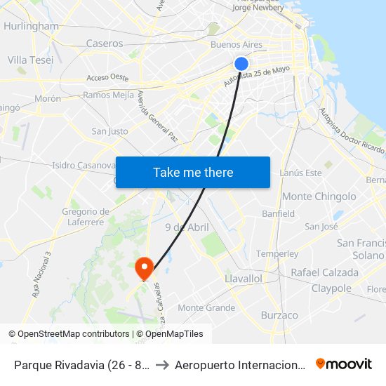 Parque Rivadavia (26 - 84 - 132) to Aeropuerto Internacional Ezeiza map