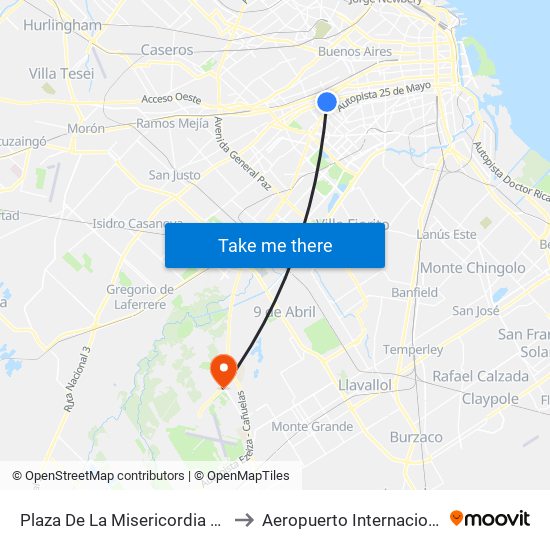 Plaza De La Misericordia (134 - 180) to Aeropuerto Internacional Ezeiza map