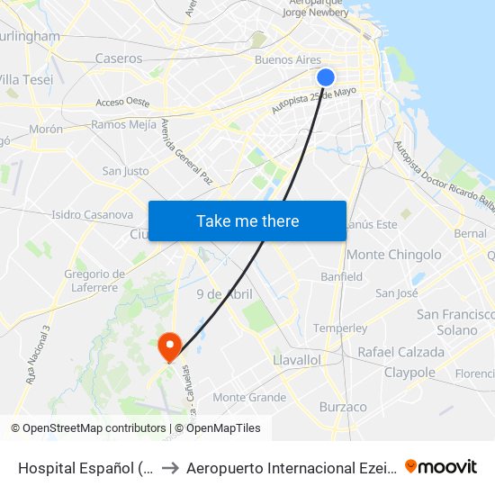Hospital Español (7) to Aeropuerto Internacional Ezeiza map