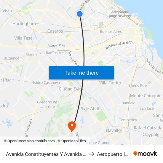 Avenida Constituyentes Y Avenida General Paz (110 - 111 - 140 - 169 - 176) to Aeropuerto Internacional Ezeiza map