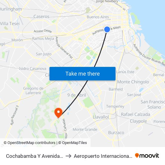 Cochabamba Y Avenida Boedo to Aeropuerto Internacional Ezeiza map