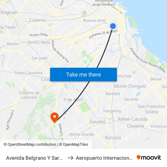 Avenida Belgrano Y Sarandí (98) to Aeropuerto Internacional Ezeiza map