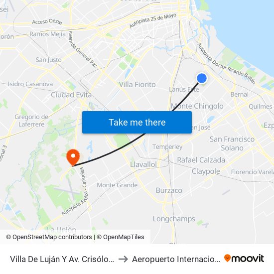 Villa De Luján Y Av. Crisólogo Larralde to Aeropuerto Internacional Ezeiza map