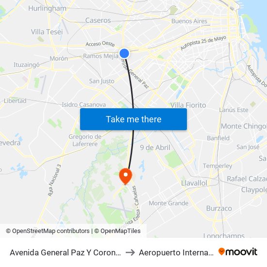 Avenida General Paz Y Coronel Falcón (21 - 28) to Aeropuerto Internacional Ezeiza map