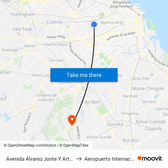 Avenida Álvarez Jonte Y Artigas (63 - 133) to Aeropuerto Internacional Ezeiza map
