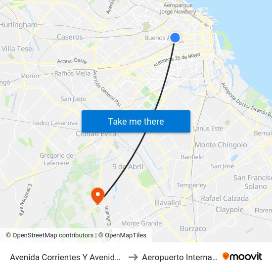 Avenida Corrientes Y Avenida Medrano (24 - 26) to Aeropuerto Internacional Ezeiza map