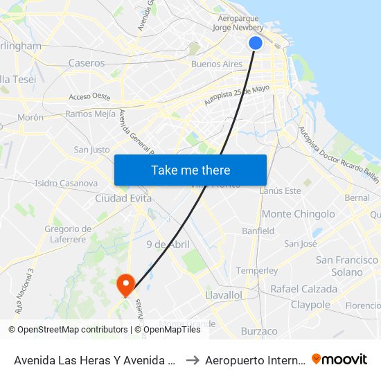 Avenida Las Heras Y Avenida Pueyrredón (108 - 110) to Aeropuerto Internacional Ezeiza map