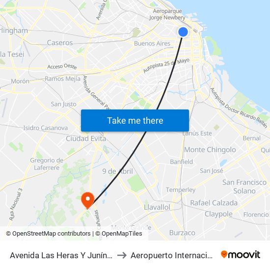 Avenida Las Heras Y Junín (102 - 110) to Aeropuerto Internacional Ezeiza map