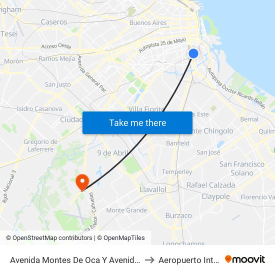 Avenida Montes De Oca Y Avenida Suárez (12 - 22 - 60 - 102 - 154) to Aeropuerto Internacional Ezeiza map