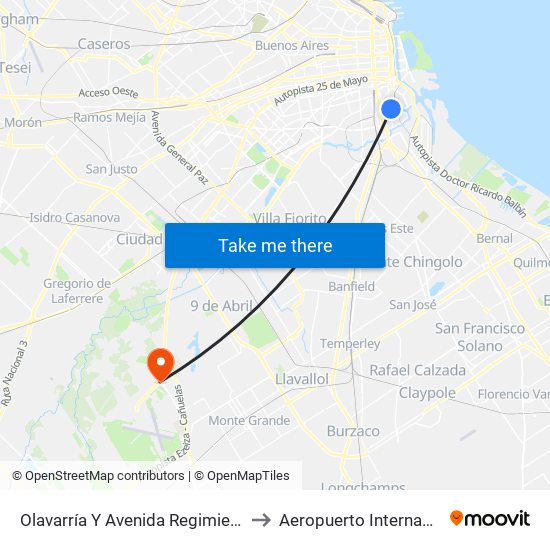 Olavarría Y Avenida Regimiento De Patricios to Aeropuerto Internacional Ezeiza map