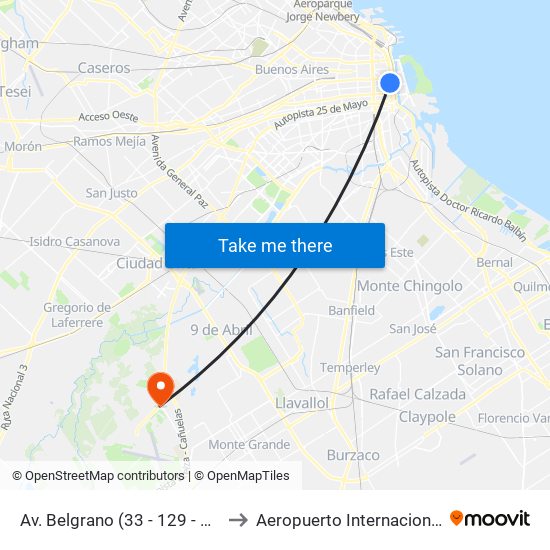 Av. Belgrano (33 - 129 - 130 - 143) to Aeropuerto Internacional Ezeiza map