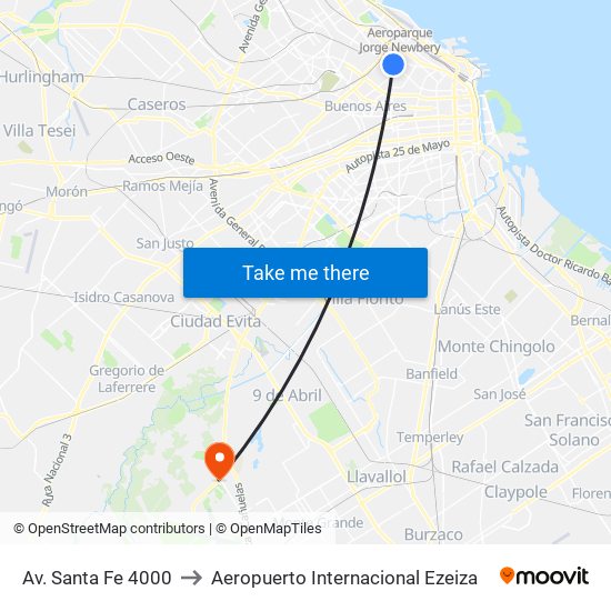 Av. Santa Fe 4000 to Aeropuerto Internacional Ezeiza map