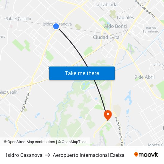 Isidro Casanova to Aeropuerto Internacional Ezeiza map