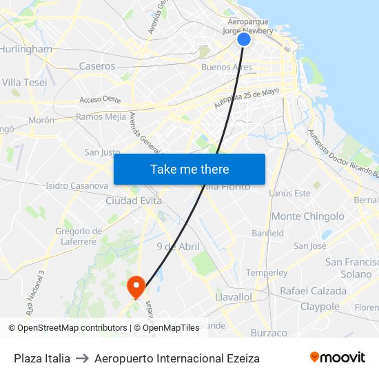 Plaza Italia to Aeropuerto Internacional Ezeiza map