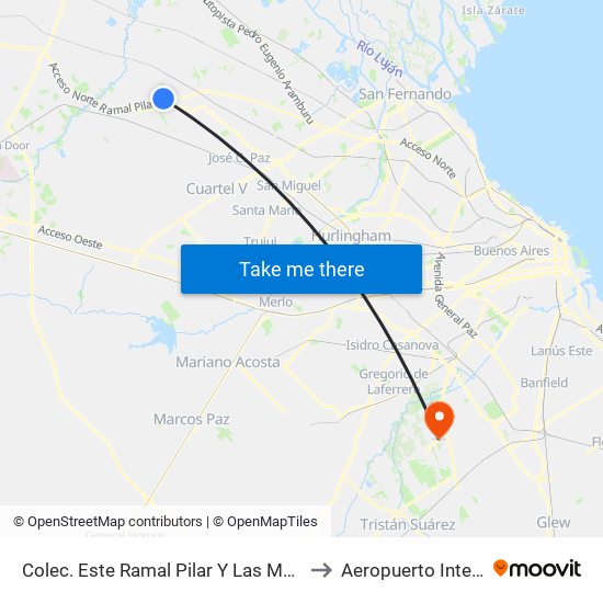 Colec. Este Ramal Pilar Y Las Magnolias - Las Palmas Del Pilar to Aeropuerto Internacional Ezeiza map