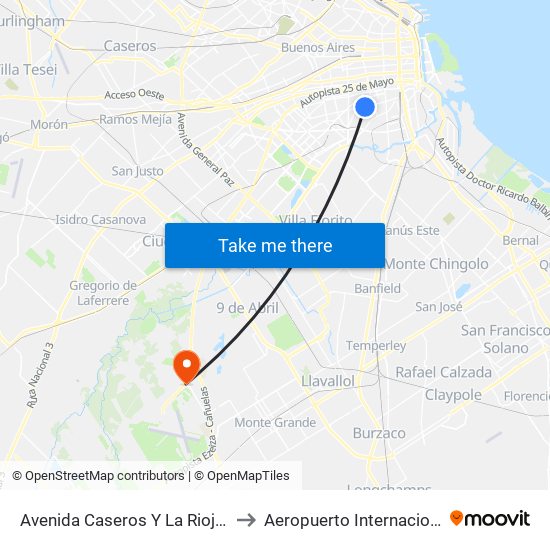 Avenida Caseros Y La Rioja (28 - 133) to Aeropuerto Internacional Ezeiza map