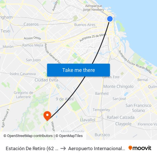 Estación De Retiro (62 - 130) to Aeropuerto Internacional Ezeiza map