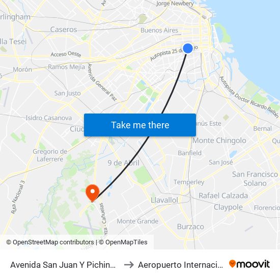 Avenida San Juan Y Pichincha (53 - 126) to Aeropuerto Internacional Ezeiza map