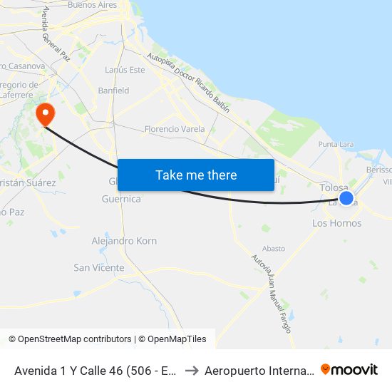 Avenida 1 Y Calle 46 (506 - Este - Norte - Oeste) to Aeropuerto Internacional Ezeiza map