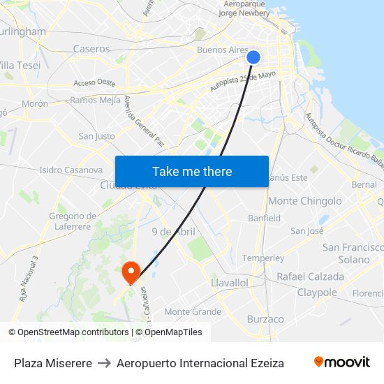 Plaza Miserere to Aeropuerto Internacional Ezeiza map