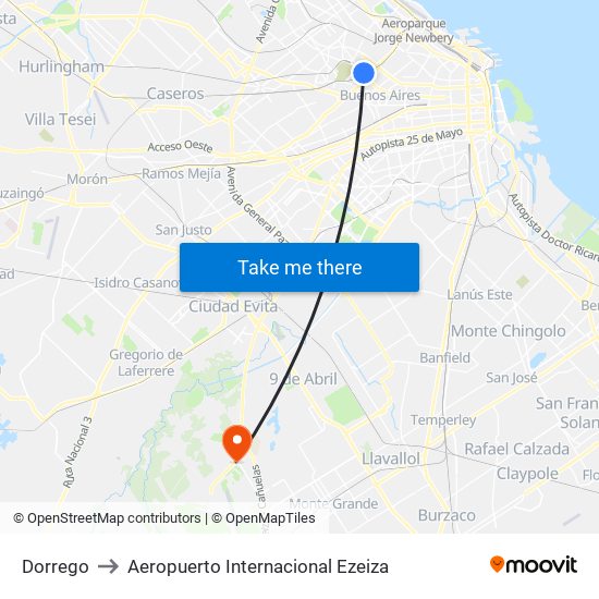 Dorrego to Aeropuerto Internacional Ezeiza map