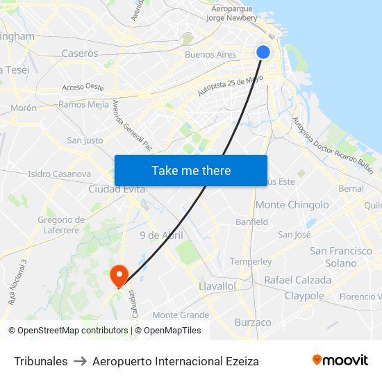 Tribunales to Aeropuerto Internacional Ezeiza map