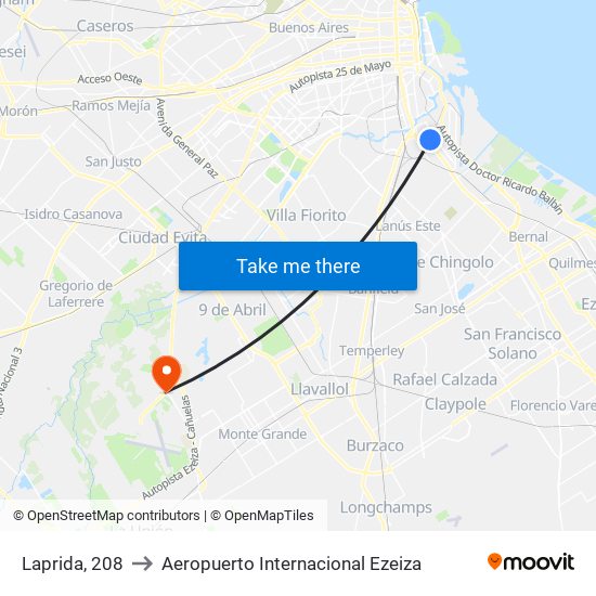 Laprida, 208 to Aeropuerto Internacional Ezeiza map