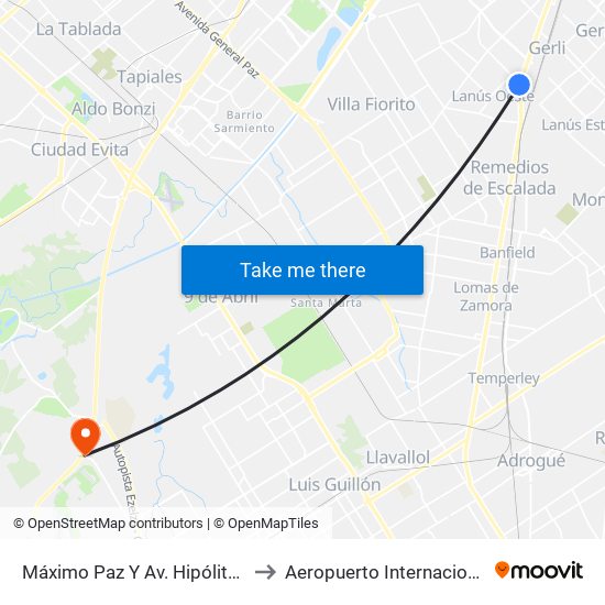 Máximo Paz Y Av. Hipólito Yrigoyen to Aeropuerto Internacional Ezeiza map