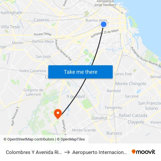 Colombres Y Avenida Rivadavia to Aeropuerto Internacional Ezeiza map